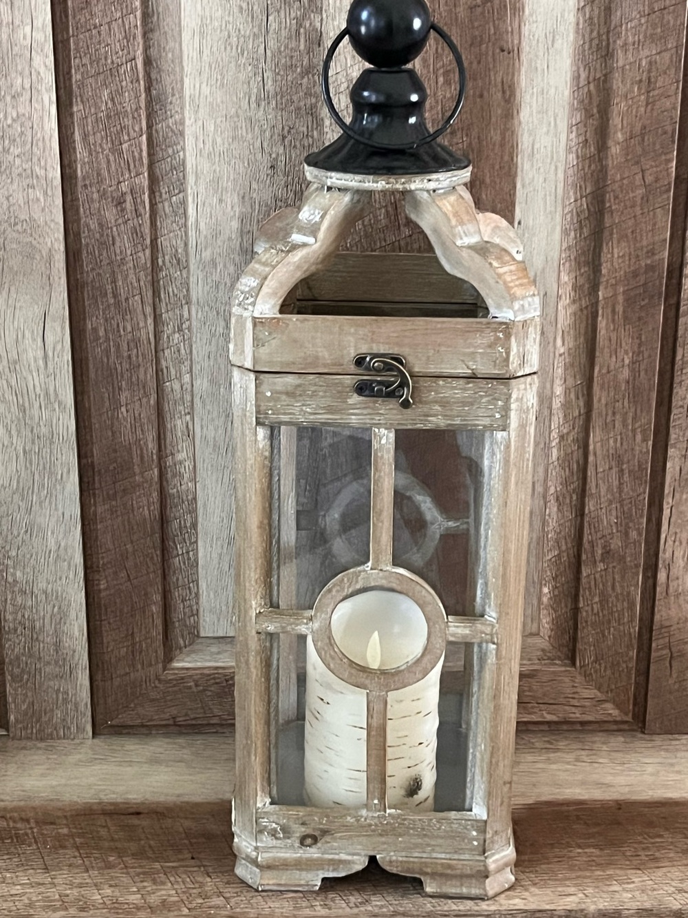 Rustic Wood and Glass Lantern with Black Metal Top - Natural